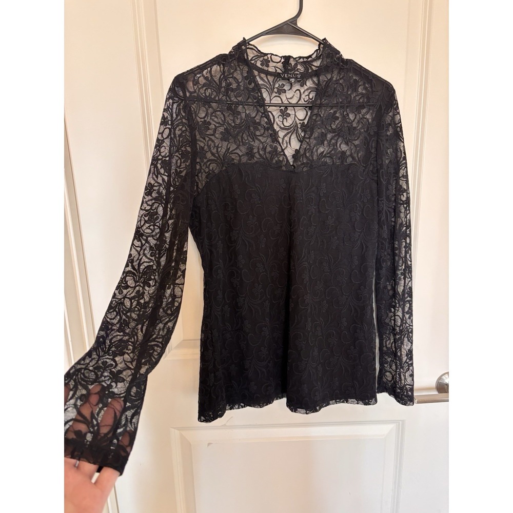 Whimsigoth Black Lace Victorian Gothic Top M Sheer Vamp Dark Fairy Core Goth